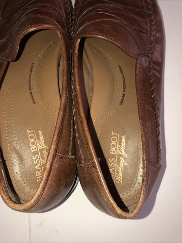Mens Brown Leather Slip On Shoes Size 10 M BRASS BOOT WALKING GLOVES - Picture 6 of 9