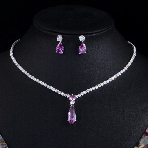 Purple CZ Drop Tennis Pendent Necklace Earrings Fiancee Engagement Jewelry Set - Picture 1 of 15