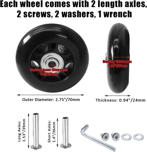 2Pcs 70 X 24Mm Luggage Wheels Replacement, Black Rubber Suitcase Wheels Replacem - Picture 2 of 12