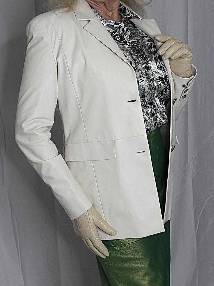 Женская кожаная куртка-блейзер M-L 18 МЯГКАЯ из овечьей кожи белая кремовая DROMe легкая - Изображение 4 из 4