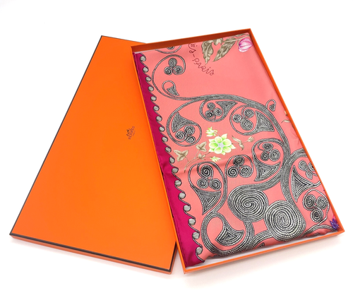 Auth Hermes Carré 90 Arabesque Pink Multicolor Silk Scarf W/Box JA050033