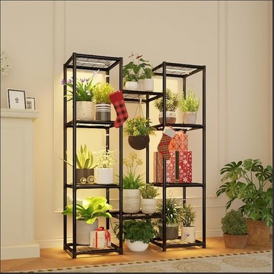 Black Plant Stand with Grow Light for Indoor Plants Tiered Metal Display  Rack