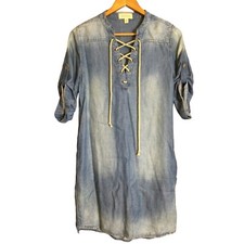Cloth & Stone Womens Denim Chambray Mini Shift Dress Roll Tab Sleeves Lace Up