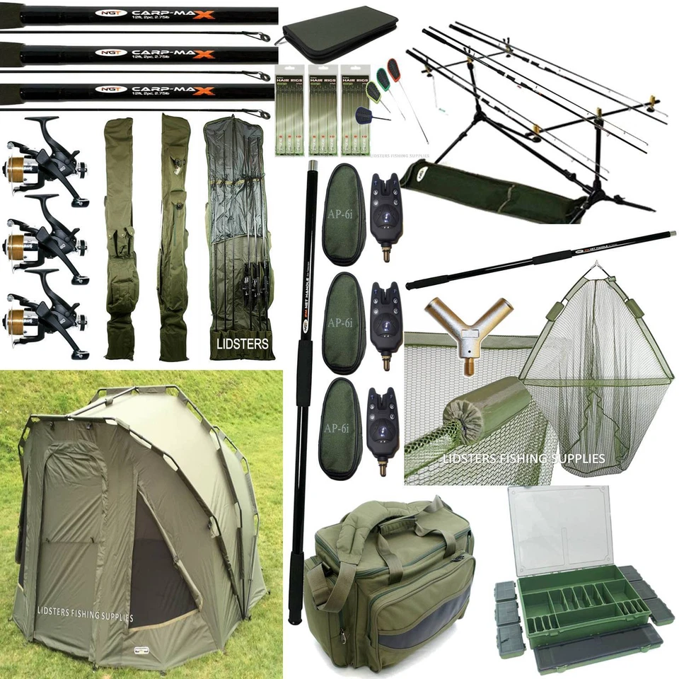Full Carp Fishing set up 2 man Bivvy 3 Rods Reels Bag Alarms Tackle Holdall Net