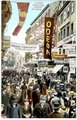 AK Leipzig - Papiermesse Peterstrasse 44, Odeon, Personen, farbig, viel Reklame - Bild 1 von 2