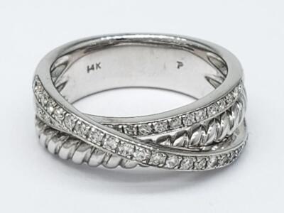 14K Solid White Gold Rhodium Plated Diamond Crossover Fashion Ring