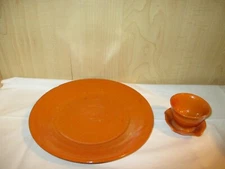 Early Vtg JUGTOWN Ware Pottery Orange Dish Plate & RARE Flowerpot Vase Planter
