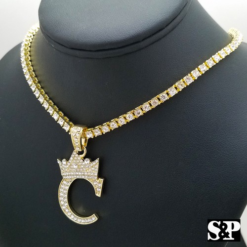 Hip Hop Initial C Pendant & 18" Full Iced 1 ROW DIAMOND Tennis Choker Chain Set