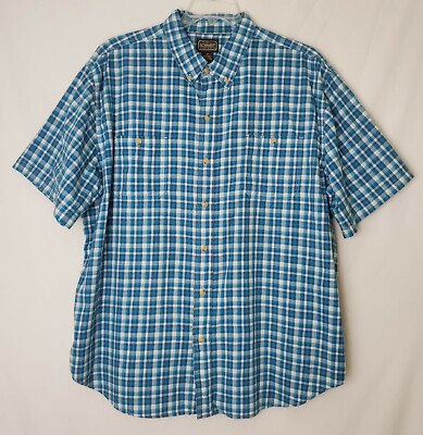 Schmidt Mens Shirt 2X Turquoise White Plaid Short Sleeve Button Down 100% Cotton