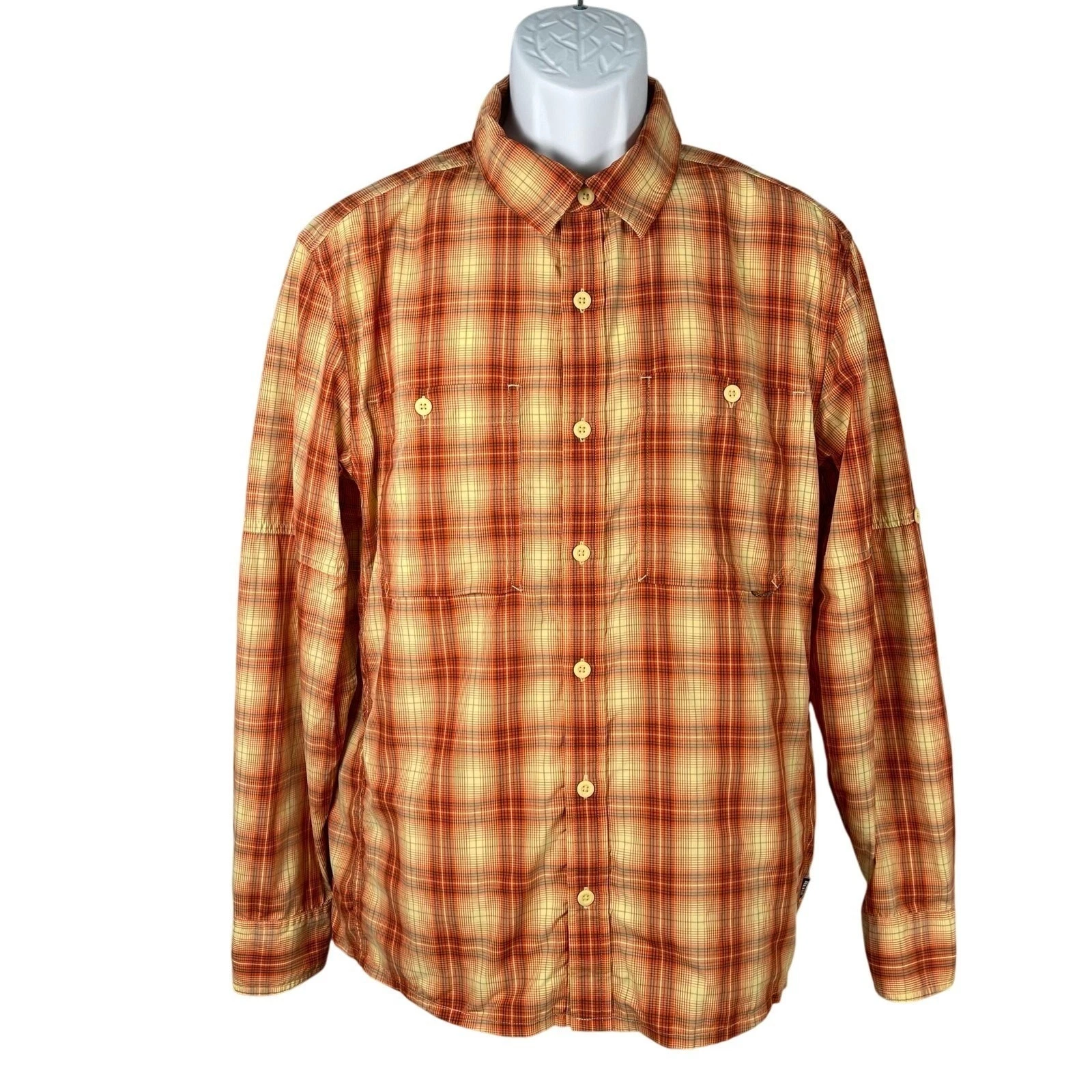 REI Co-op Shirt Mens Medium Red-orange Plaid Roll Tab Sleeve Vented Hiking