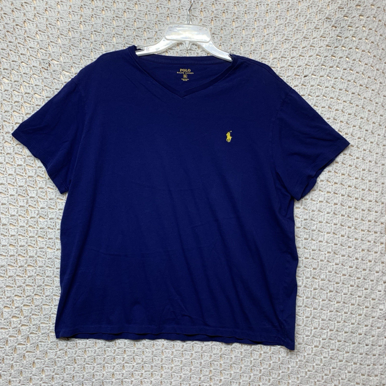 Polo Ralph Lauren maglietta uomo XL blu navy scollo a V giallo pony manica corta..