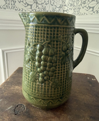 Antique Unmarked Uhl Pottery Grapes & Lattice Pitcher - Green Glazed Stoneware