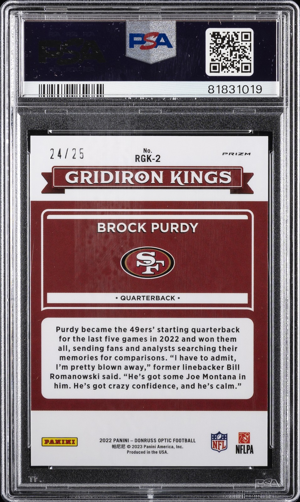 2022 PANINI DONRUSS OPTIC ROOKIE GRIDIRON KINGS BROCK PURDY RC 24/25 PSA 10 view 2