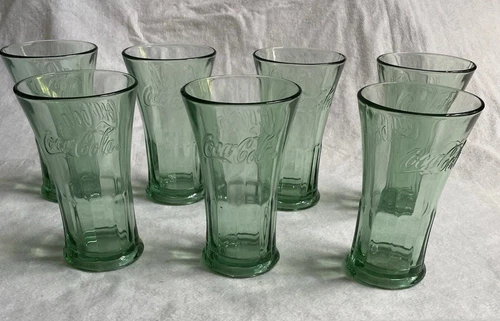 Set Of 7 Vintage Libby Coca Cola Green Tint Glasses 14 Ounces