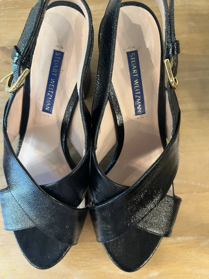 Stuart Weitzman Jerry Sandal Size 8 Black Pebble Leather Block Heel Slingback - Image 3 of 4