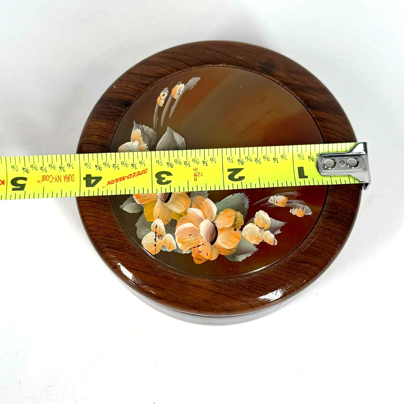 Vintage Walnut Wooden Trinket Box w/ Lid Hand Painted Floral Round Jewelry