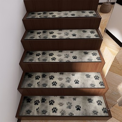 Polyester Vintage-style Stair Treads with Animal Paw Print Pattern, Machine Wa