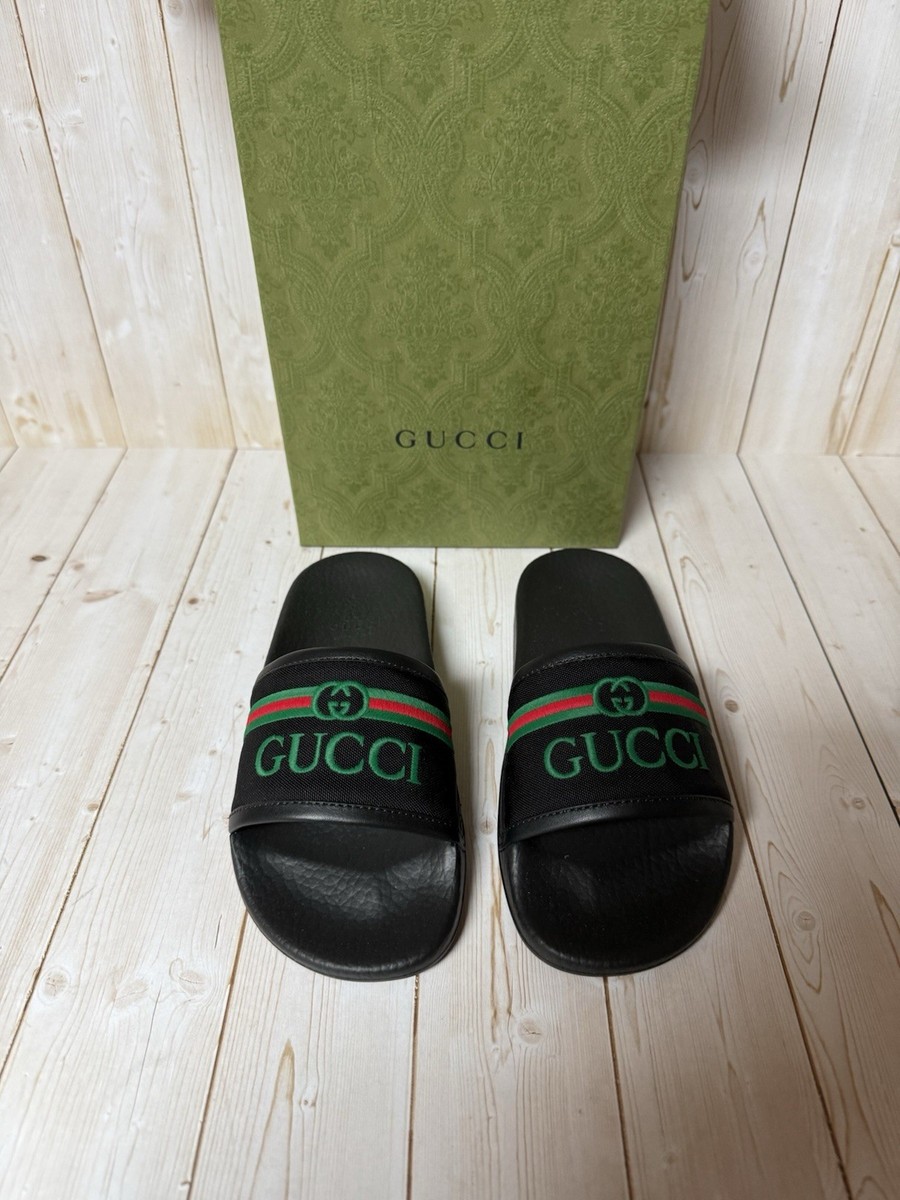 Gucci Embroidered Stripe Logo Canvas Slide Sandals Black