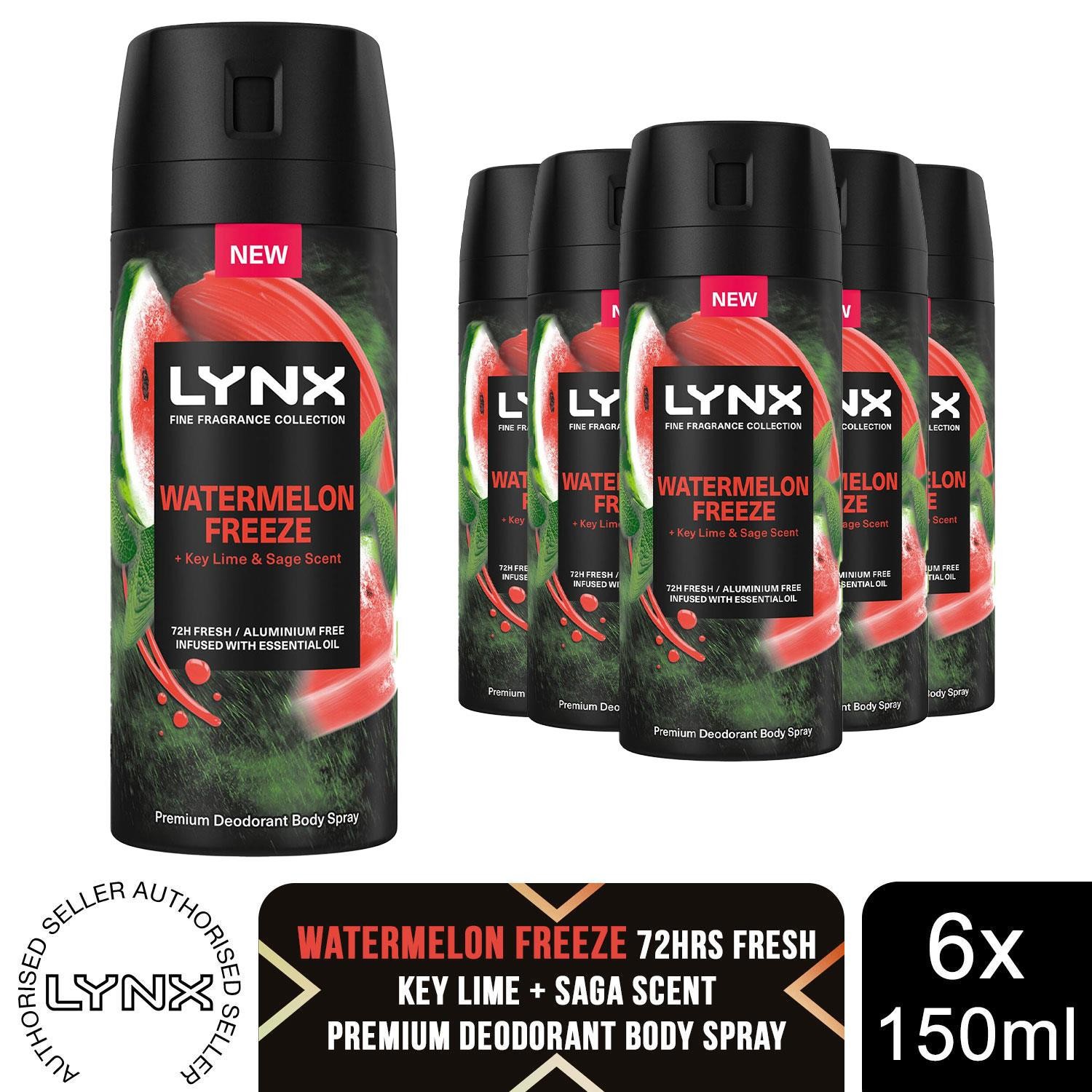 Lynx Fine Fragrance Watermelon Freeze Body Spray 150ml 6 Pack Mens Deodorant