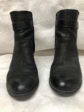 Franco Sarto 8.5 Black Leather Ankle boot Danela 3” Heel Side Zip Buckle Strap