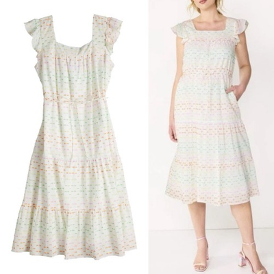 #ad #ad Draper James RSVP Women’s L Midi Dress Square Neck Flutter Sleeve Tiered Rainbow $29.88