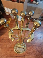 HumeWell VTG Brass & Wrought Iron Heavy Fireplace Tool Set/Companion 5 Pc NICE!!