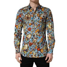 DOLCE & GABBANA Shirt Blue Cotton Jewel Print Button Down GOLD 41/US16/L 820usd