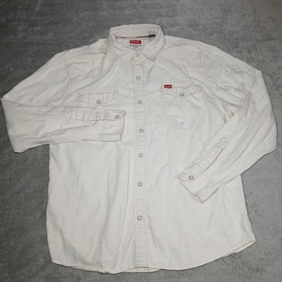 Wrangler Western Shirt Men L Distressed Cream Pearl Snap Long Sleeve 100% Cotton