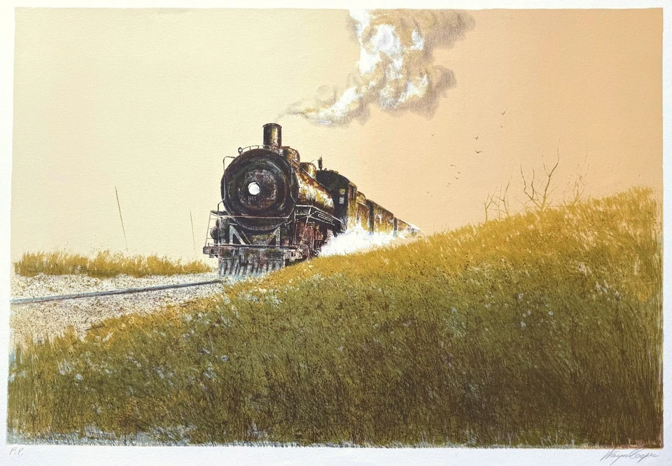 Litografía firmada Wayne Cooper STEAM, tren vintage, paisaje rural, locomotora Foto 3 de 4