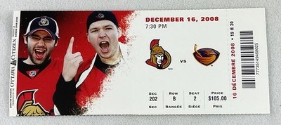 NHL 2008 12/16 Atlanta Thrashers at Ottawa Senators Ticket-Colby Armstrong 2GLs