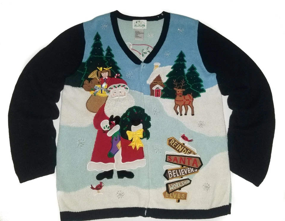 The QUACKER FACTORY Christmas Cardigan Sweater Embroidered Santa Noise Maker LG - Image 3 of 4