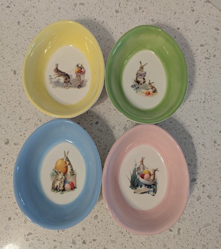 Williams Sonoma 2006 Nostalgic Easter Ramekins Bunnies Oval Earthenware Set Of 4 - Picture 5 of 10