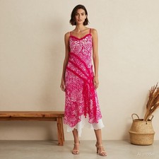Evening Boho Maxi Dress Pink White Floral Chiffon A-Line Zip Ruffles Lined S