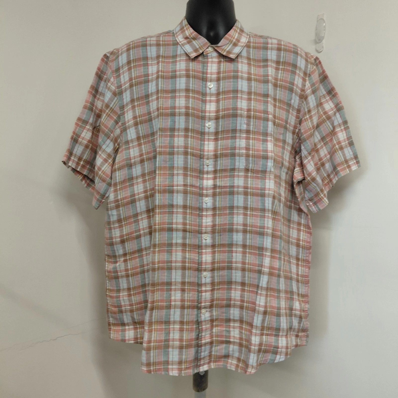 Lands End Button Up Shirt Men’s Size XL/T Multicolor 100% Linen Short/Sle Plaid