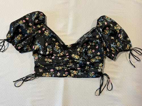 For Love & Lemons August Black Satin Floral V Neck Top Sz M Cottagecore Bloomcor