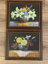 Pair Tammija Chinese Original Floral Still Life Paintings Bowl Arrangement Art