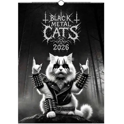 Black Metal Cats 2026 Wall Calendar Gothic Monthly Planner for Metal Music Fans