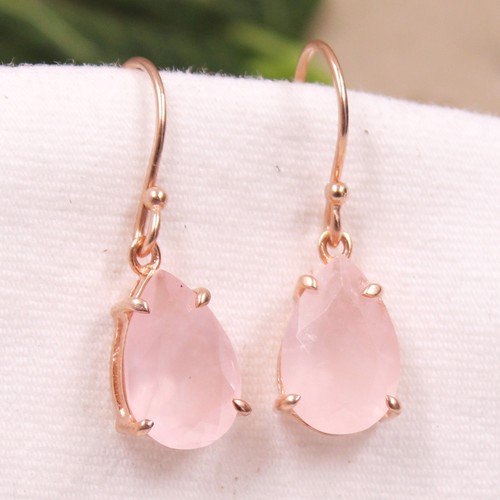 Handmade Solid 925 Silver Rose Gold Plated Jewelry Rose Quartz Dangle Earring - Picture 11 of 45