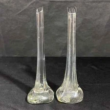 Set of 2 Long Neck Asymmetrical Signed Riku ’77 Art Glass Clear Bud Vases 8.5"