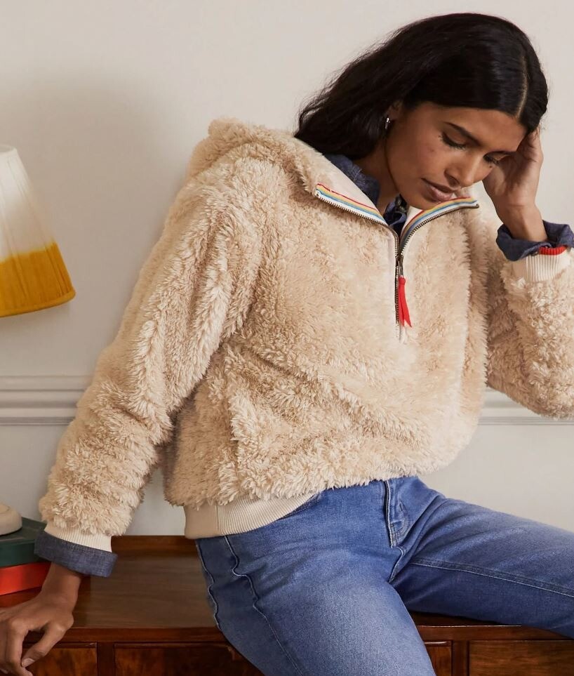 BODEN Teddy Half-Zip Hoodie UK 8 Ecru Borg Fleece Jumper RRP £80 NEW SAMPLE  | eBay