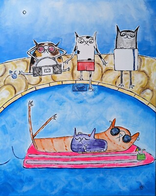 Cat Painting Original Calico Tabby Summer Pool Modern Folk Art Samantha McLean