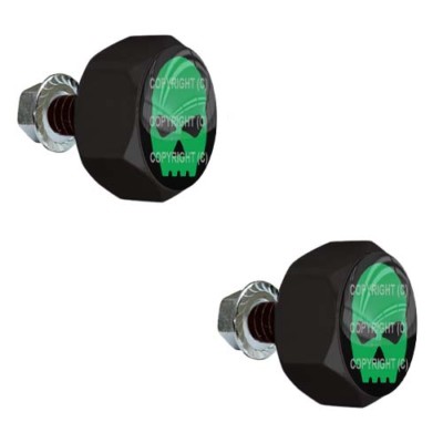 2 Black Metal Hex License Frame Tag Bolts - GLOSS GREEN G SKULL B027