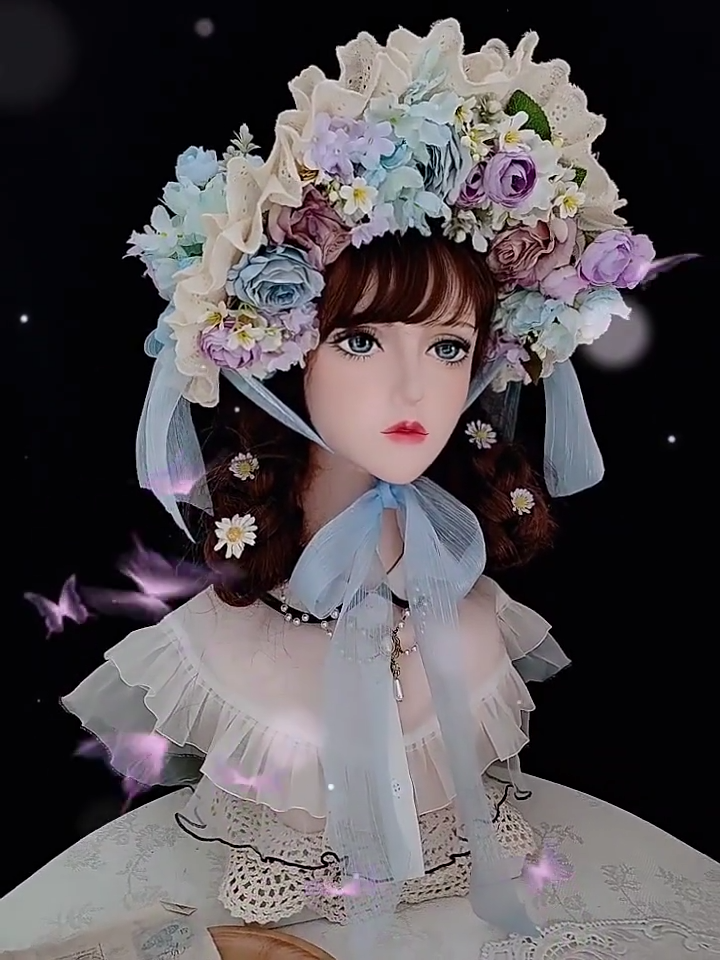 Victorian Women Bonnet Hat with Blue Floral Classic Lolita Girl