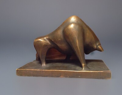 Lg Vintage 12'' Chalkware Merril Lynch Type Bronze Colored Bull Statue Figurine