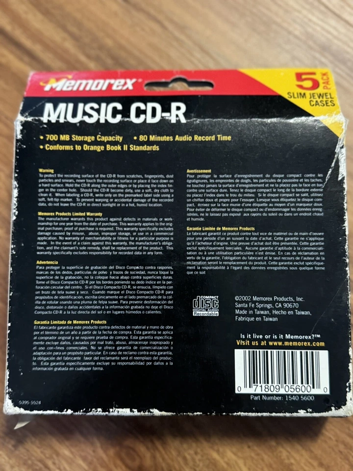 New 5 Pack Slim Jewel Cases Memorex Recordable Music CD-R 700MB 80 Min 40x NOS - Image 2 of 3