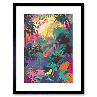 Lebendiger tropischer Regenwald Sonnenaufgang Illustration gerahmter Kunstdruck Bild 9 x 7 Zoll