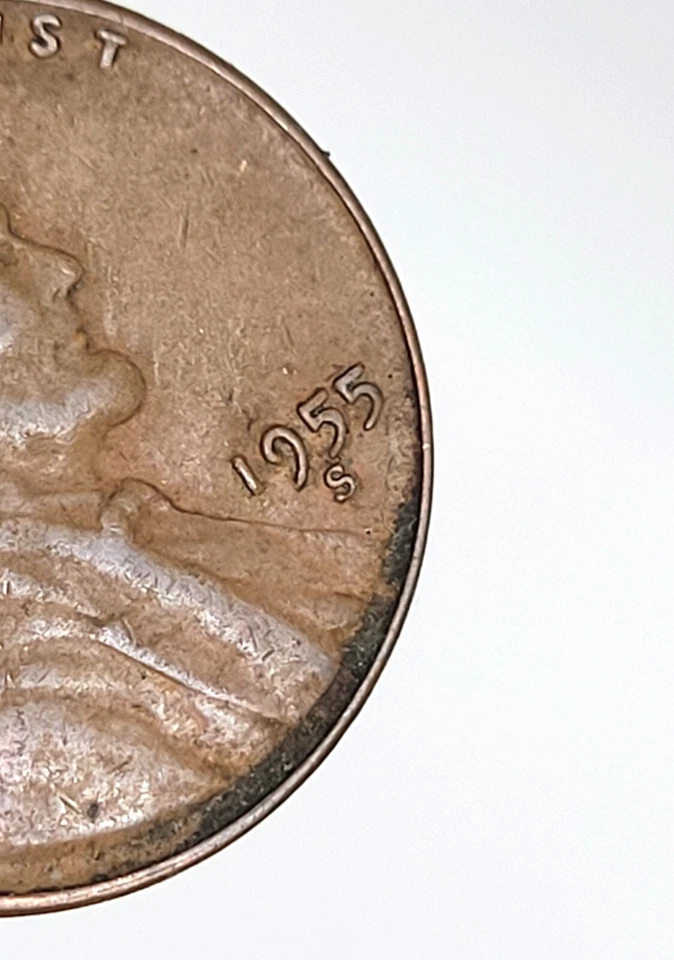 1 cent 1955 S Lincoln wheat penny - grease strike thru? - Image 3 of 4