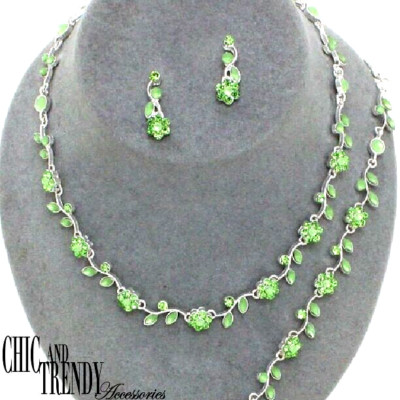 LIGHT GREEN CRYSTAL FLOWER 3 PC PROM WEDDING FORMAL FASHION NECKLACE JEWELRY SET