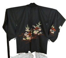 Black Japanese Haori Kimono Jacket Unused Flower Pattern Short Coat