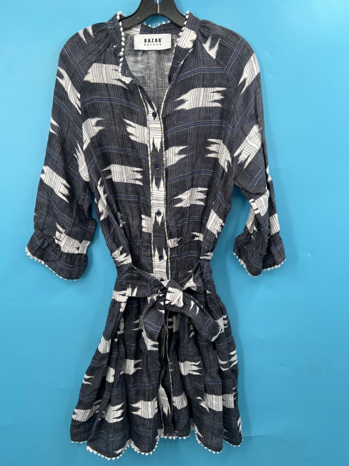 BAZAR Deluxe Blue-Grey 1/4 Sleeve Button-Up Belted Midi Dress Sz 42 (NWT)